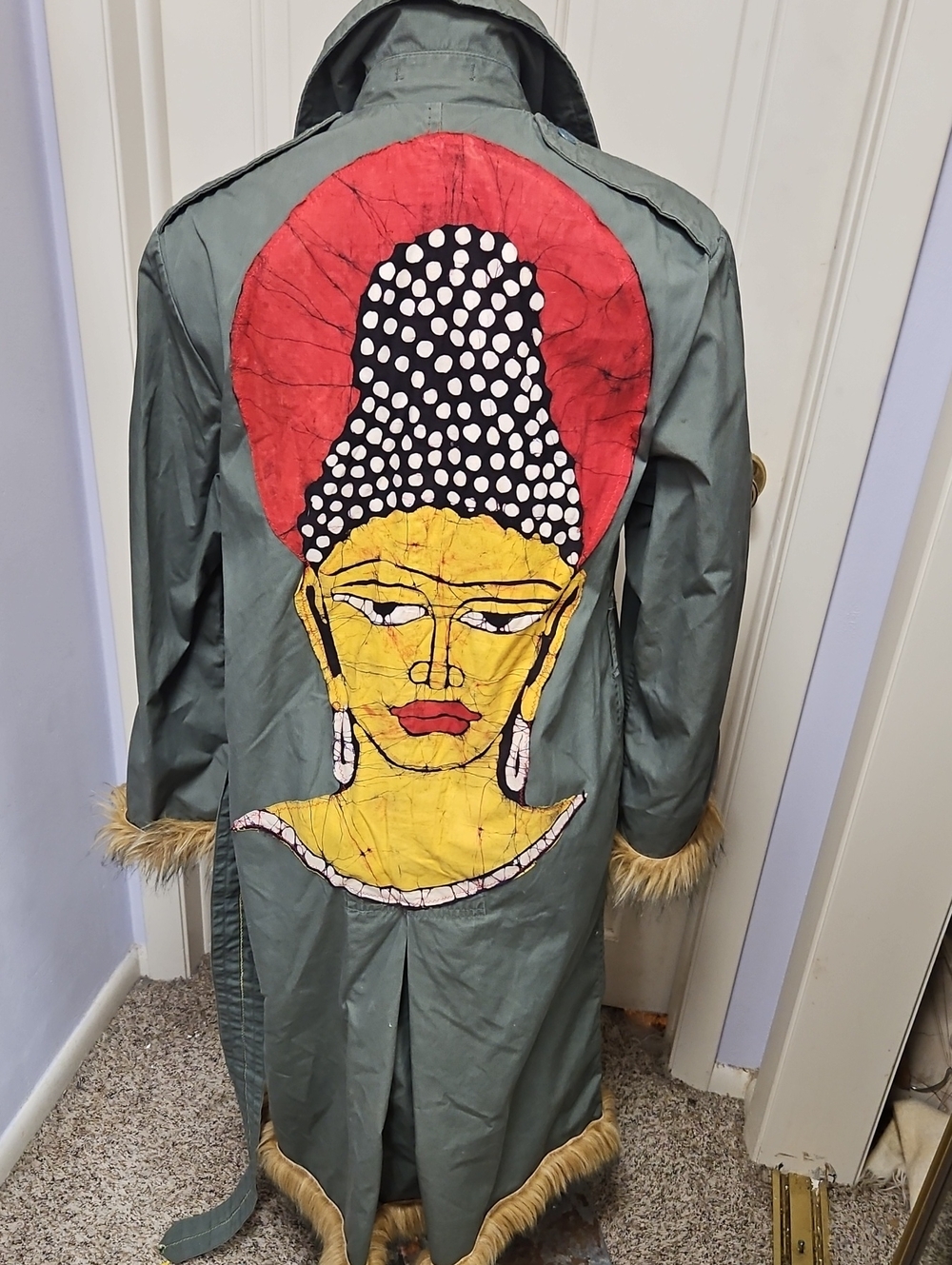Vintage Authentic Upcyled Wirh Tibetan buddha batik Trench Coat